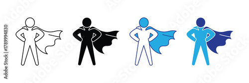 Superhero figure icon set with various styles, symbolizing power, leadership, success, and protection isolated on white background