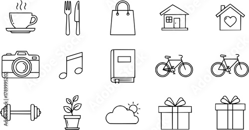 A cohesive set of 12 minimalist outline vector icons. The theme revolves around modern lifestyle and healthy food, featuring simple, clean lines for a versatile and scalable design. Perfect for web, a