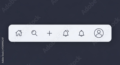 A minimalist vector UI kit featuring a clean and modern navigation bar designed for social media apps. This kit includes essential elements like icons for home, search, profile, and messages.