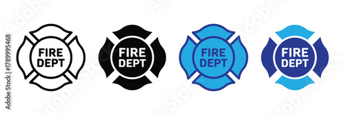 Fire department maltese cross shield vector icons set with text for emergency services, safety and protection design isolated on white background