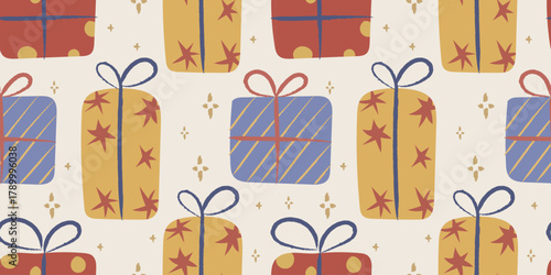Seamless Christmas gift pattern with colorful presents in blue, red, and yellow on beige background. Modern festive wrapping paper design with simple hand drawn boxes and bows for winter holiday decor