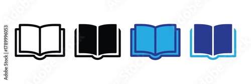 Diverse open book icons set: outline, filled, vibrant blue versions, symbolizing learning, education, wisdom isolated on white background