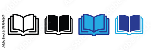 Open book icon set displaying diverse styles for education, knowledge, reading, and learning concepts symbol. isolated on white background