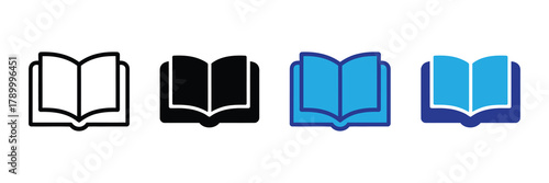 Open book icons set showing different styles for education, learning, knowledge, and library concepts isolated on white background