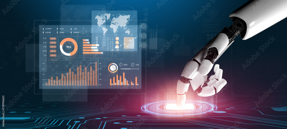 Obraz premium A futuristic robotic hand touches a digital interface, illustrating advanced technology in data analytics and global connectivity in modern environments. Scalp