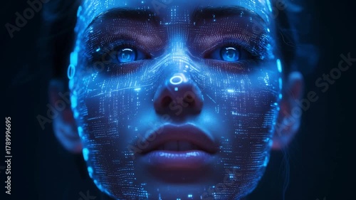 Glowing blue digital female face with data points on dark background. Concepts of artificial intelligence and virtual avatar