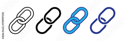 Collection of link chain icons, outline and solid variations, in black and blue, for web and app interface isolated on white background