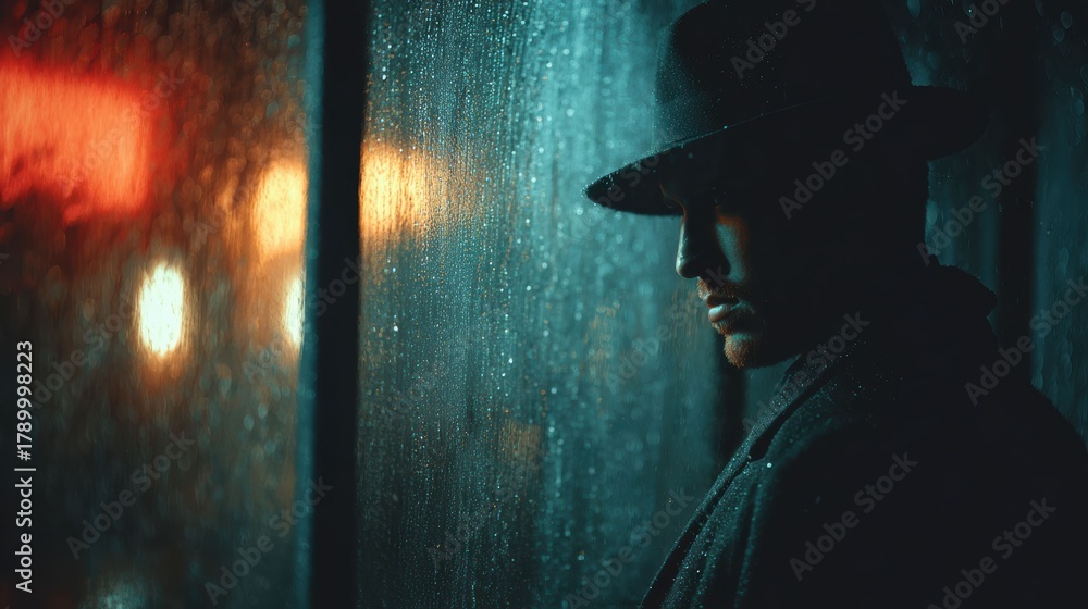 Obraz premium Through rain covered glass a detective gazes into the night city where dim lights flicker against the moody darkness.