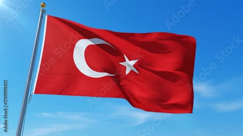 Turkish Flag Waving in the Wind Against Blue Sky, 3d Rendering