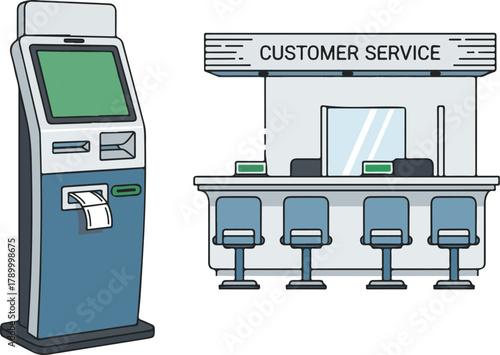 Blue Grey Flat Vector Illustration of Self-Service Kiosk and Customer Desk
