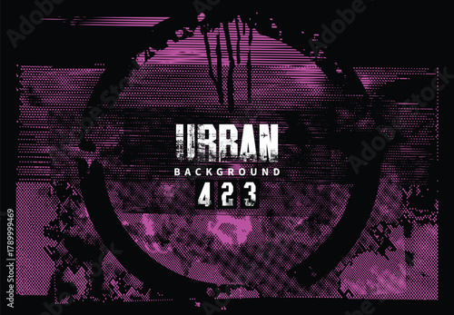 Abstract vector banner on the theme of urbanism, street art, digital technology and photo studios against the background of the architecture of a city, pixels.T-shirt design, poster, logo. No AI used 