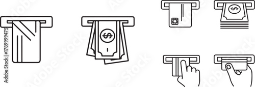 Minimalist Outline Icons of ATM Card and Cash Transactions