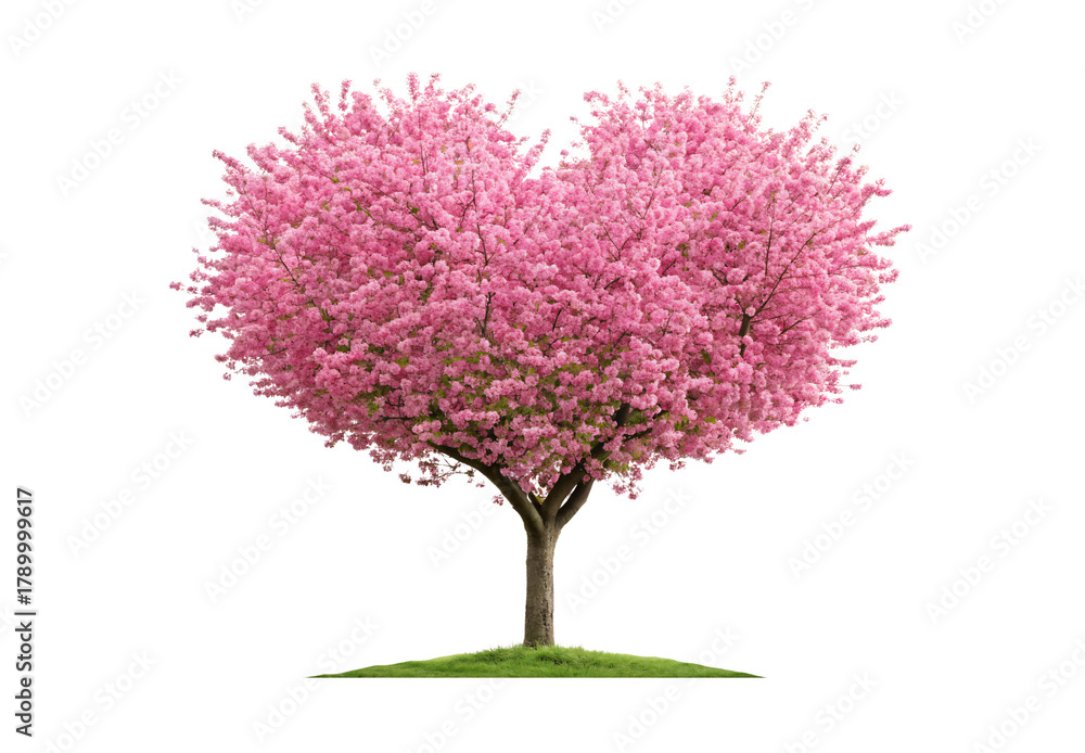 Fototapeta premium Blooming cherry blossom tree with full pink flowers on rounded canopy and green grass, isolated on a transparent background