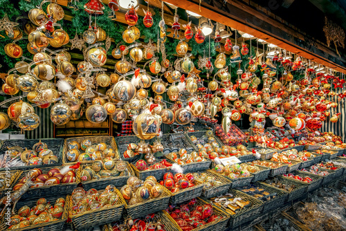 Golden Christmas baubles and ornaments at the Vienna Christmas market.