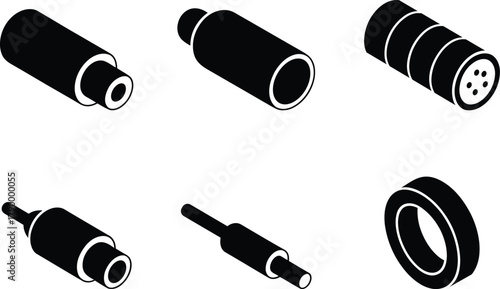 Variety of Electronic Connector Types Black and White Isometric Illustration