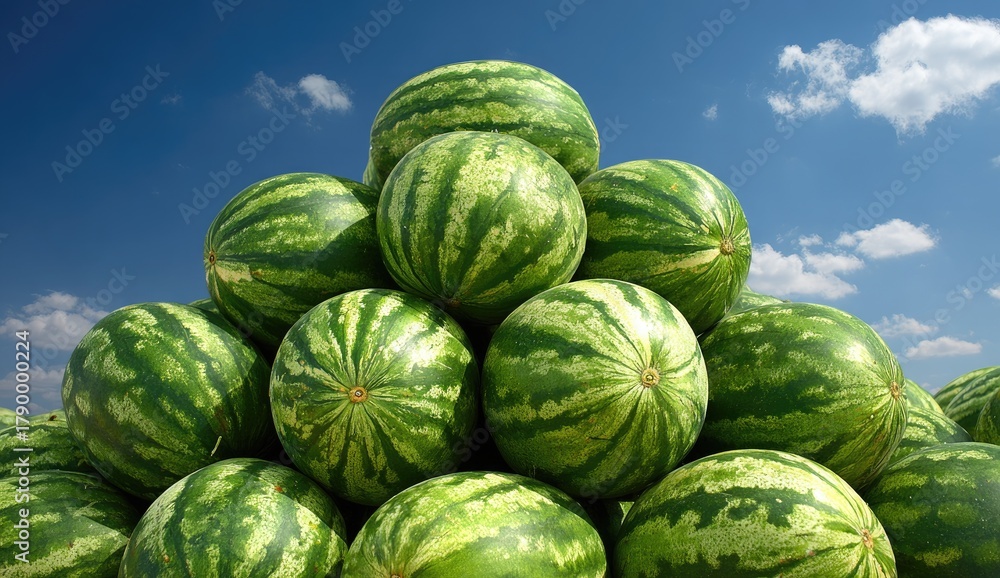 Fototapeta premium Ripe watermelons are piled high under a bright blue sky.