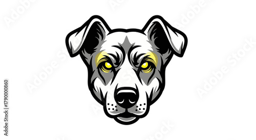 Intense vector dog head with glowing yellow eyes, powerful canine mascot design for modern branding