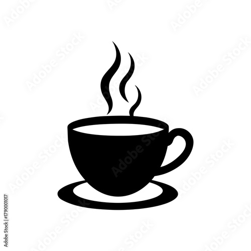 Black silhouette of a steaming coffee cup on a saucer isolated on white background