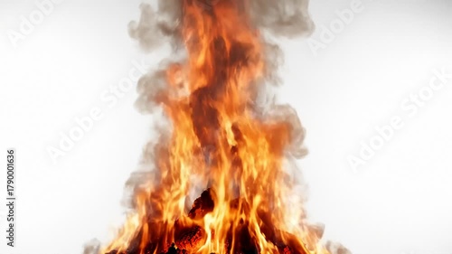 Burning Fire Flames With Smoke on White Background