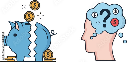 Flat Blue Piggy Bank Breaking and Head with Financial Thought Bubble