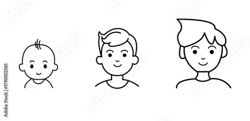 Child Growth Stages Illustration – Minimalist Line Art Showing Boy Development from Baby to Teenager