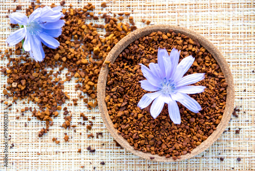 Ground chicory root on a wooden spoon and chicory flowers on a rustic wooden background. Alternative medicine. Healthy drinks. chicory drink