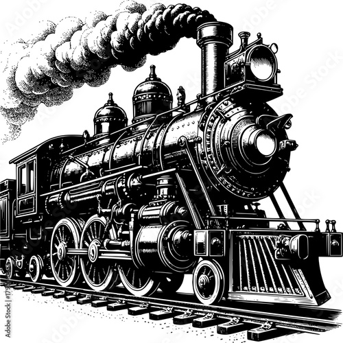 Vintage Train: A detailed rendering of a vintage steam train with billowing smoke, traversing railway tracks, and reflecting the industrial era.