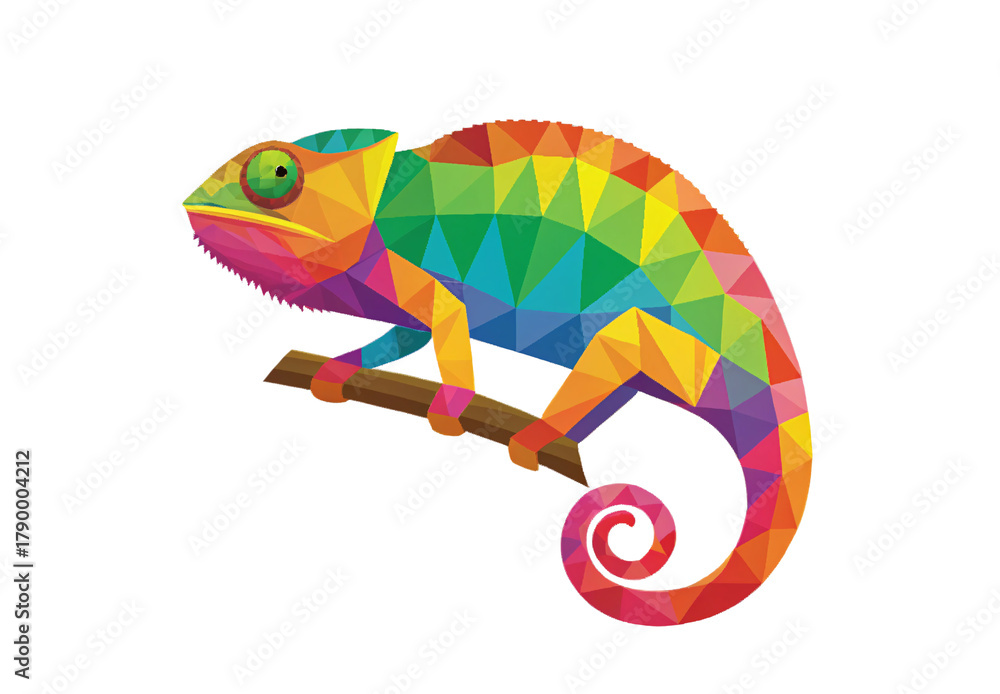 Obraz premium Geometric rainbow colored chameleon with polygonal design on branch with curled tail, isolated on a transparent background