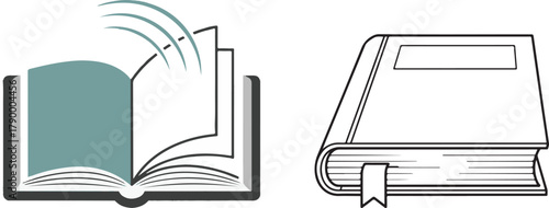 Set of Stylized Book Illustrations: Open with Turning Pages, Closed with Bookmark