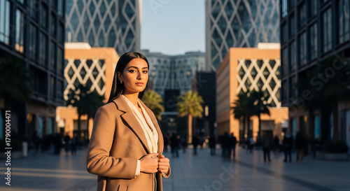 Middle Eastern-style woman wearing a stylish long coat with straight black hair and subtle eyeliner, photographed at a modern city plaza in warm tones with a clean symmetrical contemporary composition