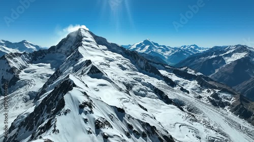 Aerial View of Snow Covered Mountains Under a Blue Sky