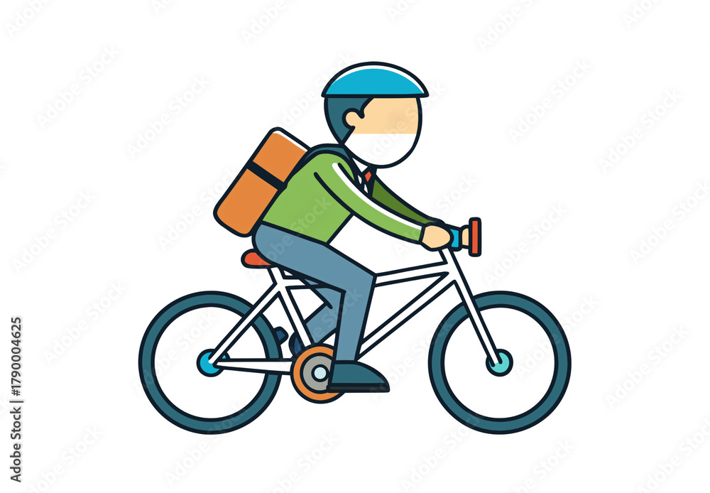 Fototapeta premium Delivery person with orange backpack cycling on white bike, isolated on a transparent background