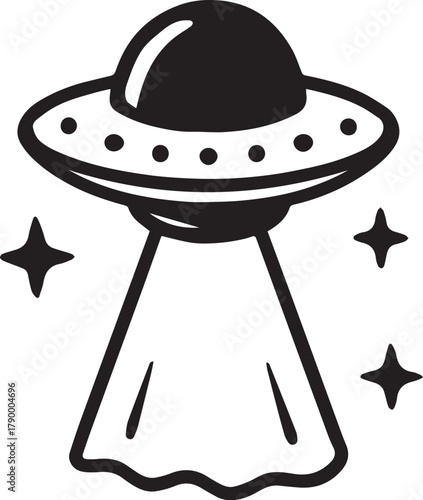 A stylized, monochrome illustration of a UFO, exuding an aura of mystery, interstellar travel. The spacecraft hovers, casting an enigmatic beam and accompanied by star.