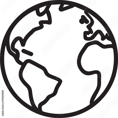 A minimalist black-and-white illustration of the Earth. Simple line art emphasizes the continents and oceans.