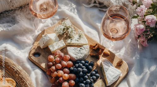Gourmet picnic setup with cheese, fruits, and rose wine, overhead shot, soft summer light. Generative AI image