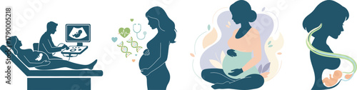 Pack of Modern Pregnancy and Gynecology Flat Silhouette Vector Set featuring pregnant women, medical care, wellness, and motherhood designs. Perfect for health, maternity, and medical illustrations.