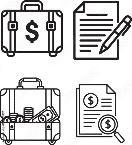 Financial Planning Icons: Suitcase, Document, Analysis in Black and White
