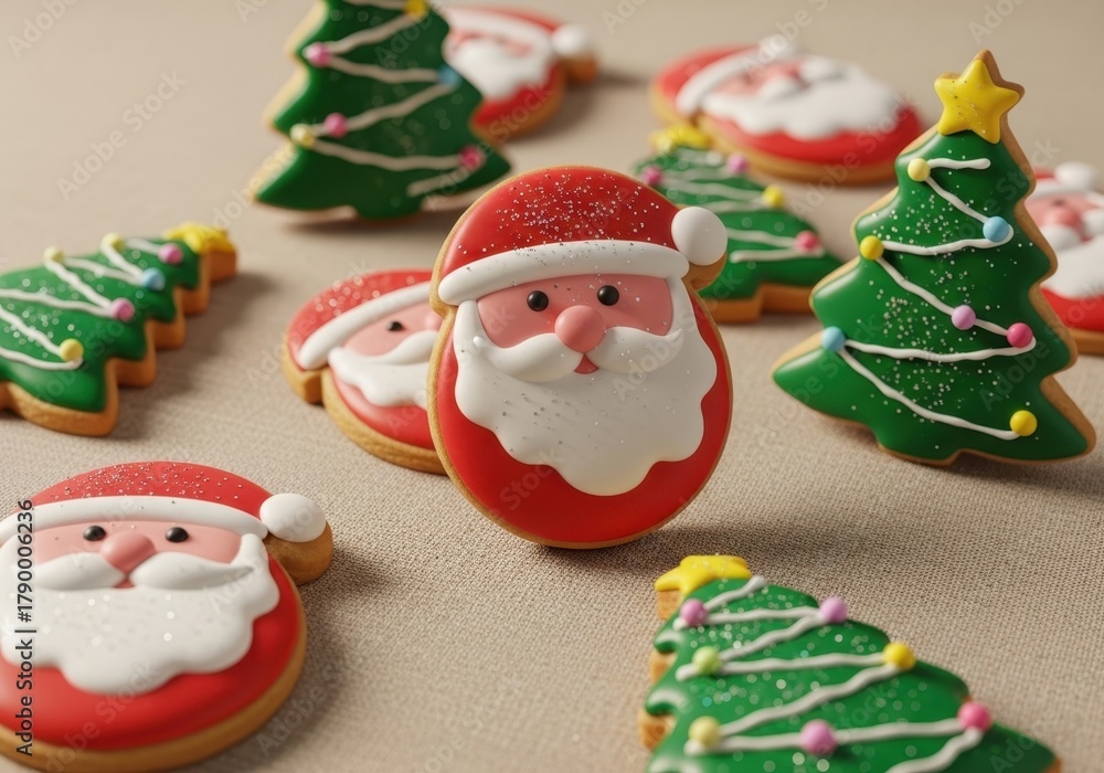 Fototapeta premium Christmas-themed cookies featuring santa and decorated trees on a festive holiday table