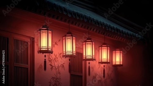 Night scene of lanterns under the eaves of Tang-style architecture