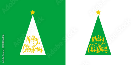 Logo con mensaje Merry Christmas en caligrafía en árbol de navidad con forma de triángulo sencillo y estrella