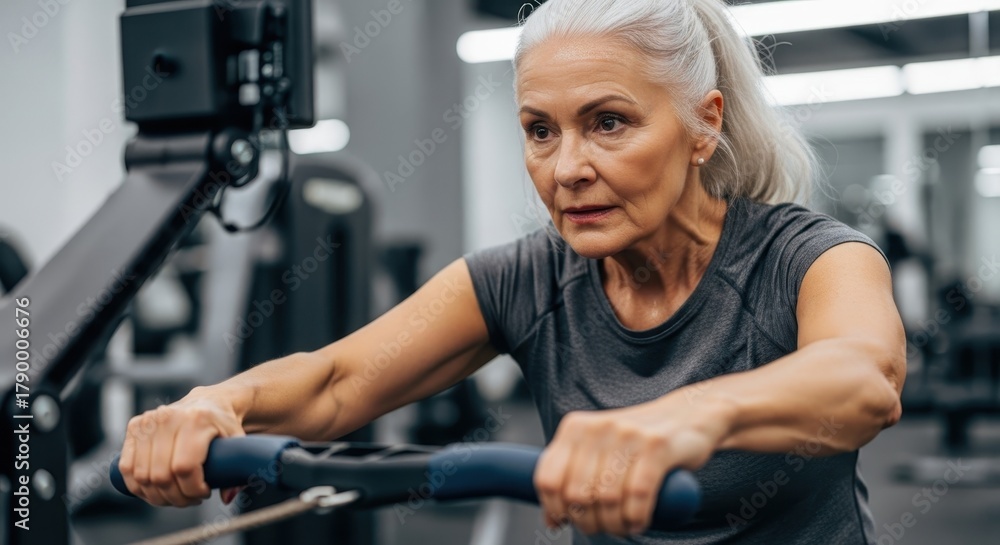 Fototapeta premium Determined senior woman exercising on rowing machine in modern gym