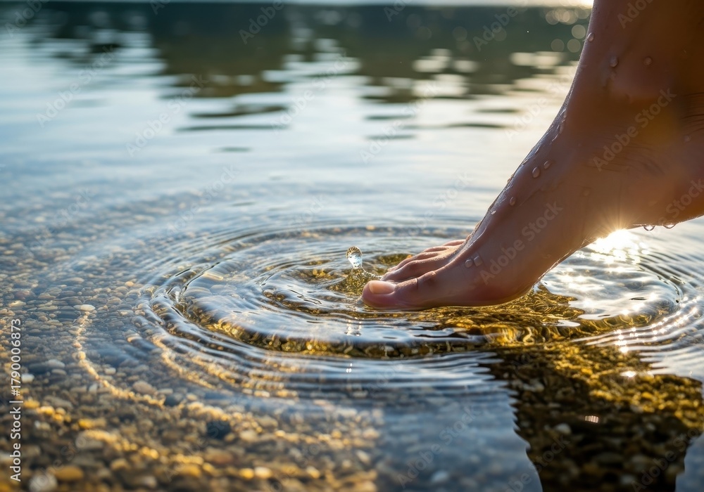 Fototapeta premium Serene foot and water ripples: tranquil moment in sunlit lake reflection
