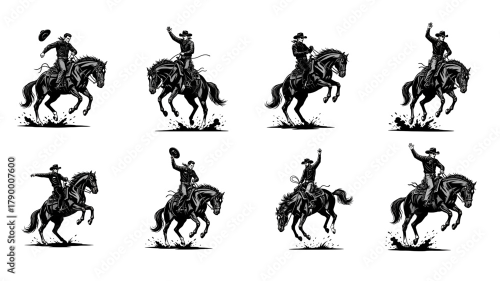 Naklejka premium Set of Black Silhouette Cowboys Riding Bucking Horses Rodeo Performance in Various Dynamic Poses Vector Illustrations