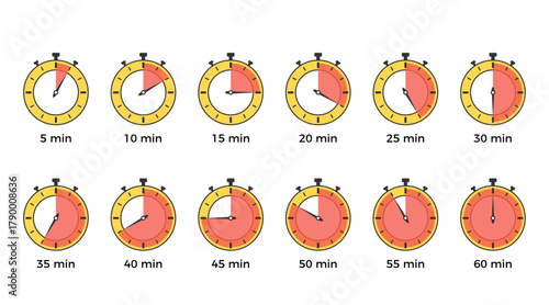 Set of twelve stopwatch timer icons showing time progression from 5 to 60 minutes with colored indicator zones