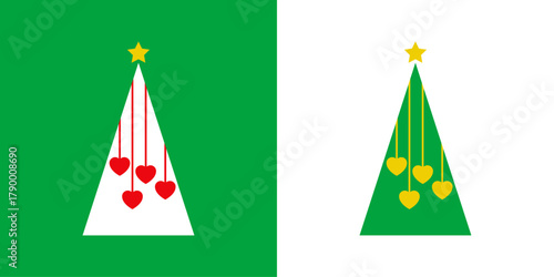 Logo con árbol de navidad con forma de triángulo sencillo y estrella y corazones como bolas de navidad con hilos colgantes