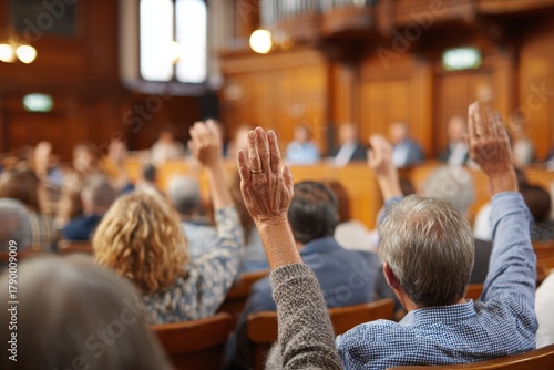 Local government council chamber. Hands of audience raised for questions or vote. council members with backs turned as they listen to speaker, documentary clarity. People at public talk.