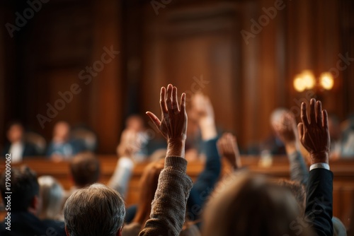 Local government council chamber. Hands of audience raised for questions or vote. council members with backs turned as they listen to speaker, documentary clarity. People at public talk.