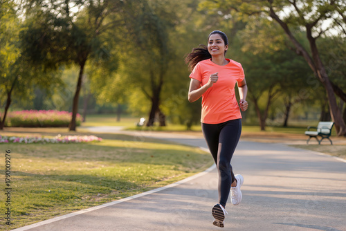 Joyful Run: Woman running, jogging, exercising, Outdoors, Fitness, workout, health, wellness, park, outdoor, nature, green, trees, path, trail, pavement, lifestyle,