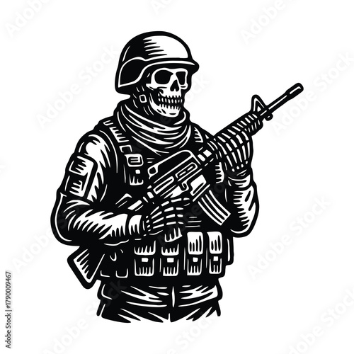 Skeleton soldier in combat gear holding an assault rifle illustration.