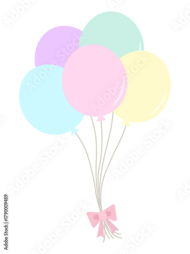 カラフルでシンプルな風船をピンクのリボンで束ねているイラスト